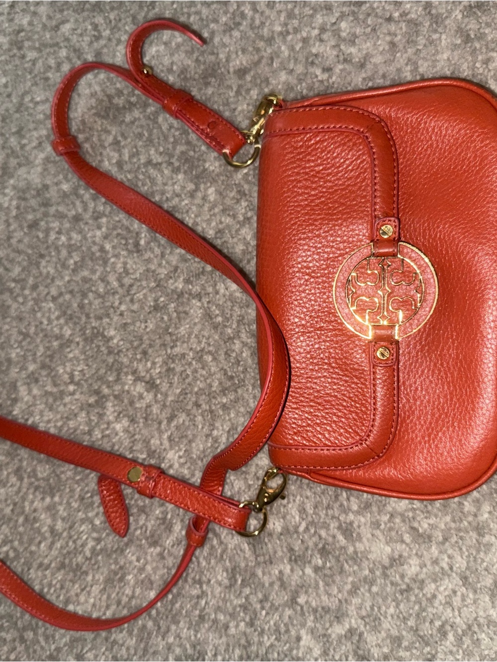 Tory Burch Coral-Red Pebbled Leather Crossbody with Gold Logo